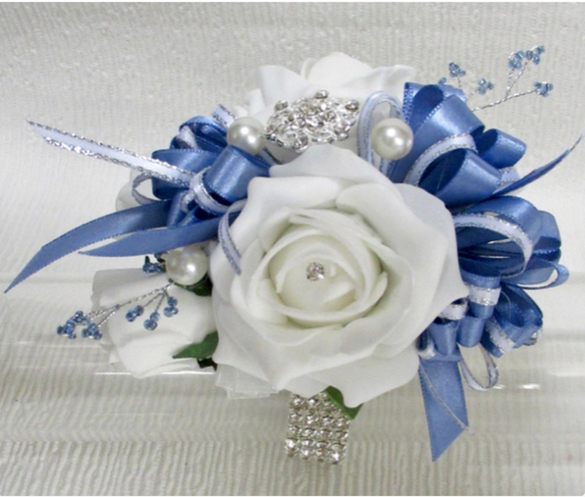 cornflower blue & white wrist corsage, prom corsage, blue prom corsage